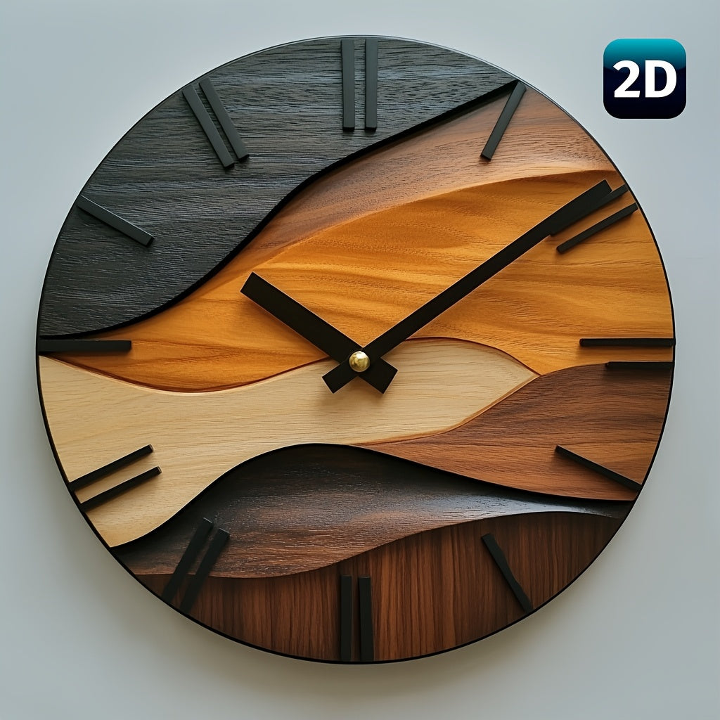 Artistic Round Wall Clock | Nordic Style Faux Wood Grain Design | Silent Kitchen