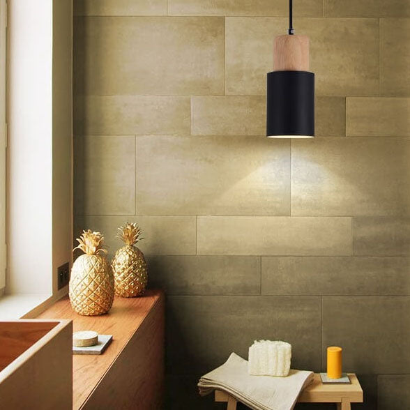 Nordic Macaron Cylinder Pendant Light | Modern Wood & Metal Design | Aluminium Adjustable