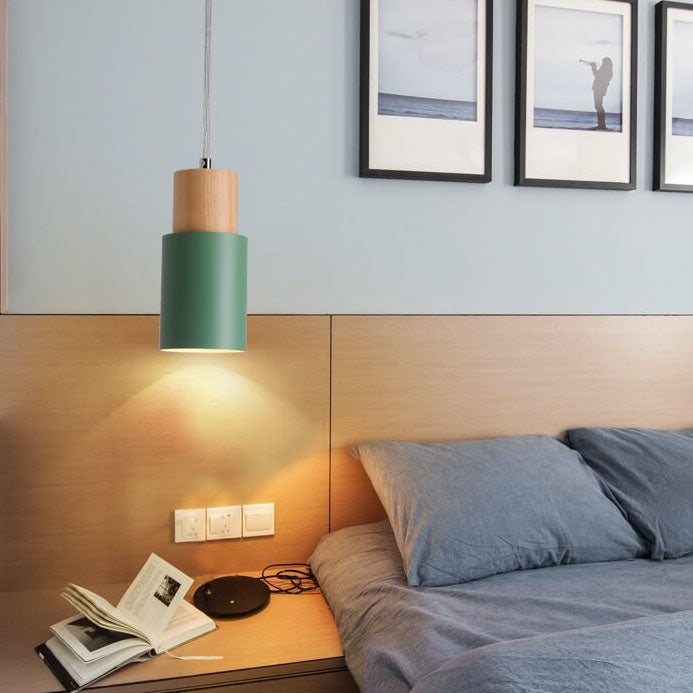 Nordic Macaron Cylinder Pendant Light | Modern Wood & Metal Design | Aluminium Adjustable