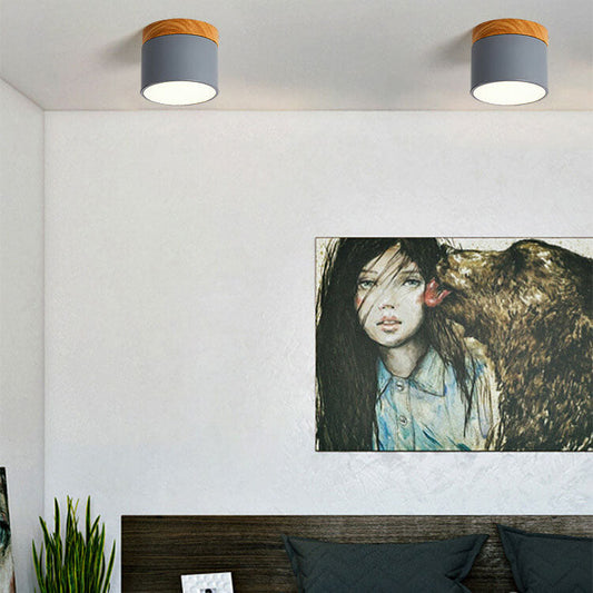 Scandinavian Macaron LED Ceiling Light | Wooden Accent Flush Mount | Wood Metal Nordic Bedroom