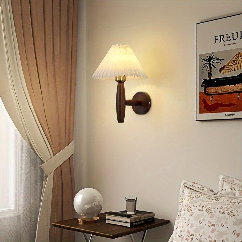 Nordic Wooden Wall Sconce | Retro Bedside Wall Lamp with Pleated Shade | Wall Light Wood