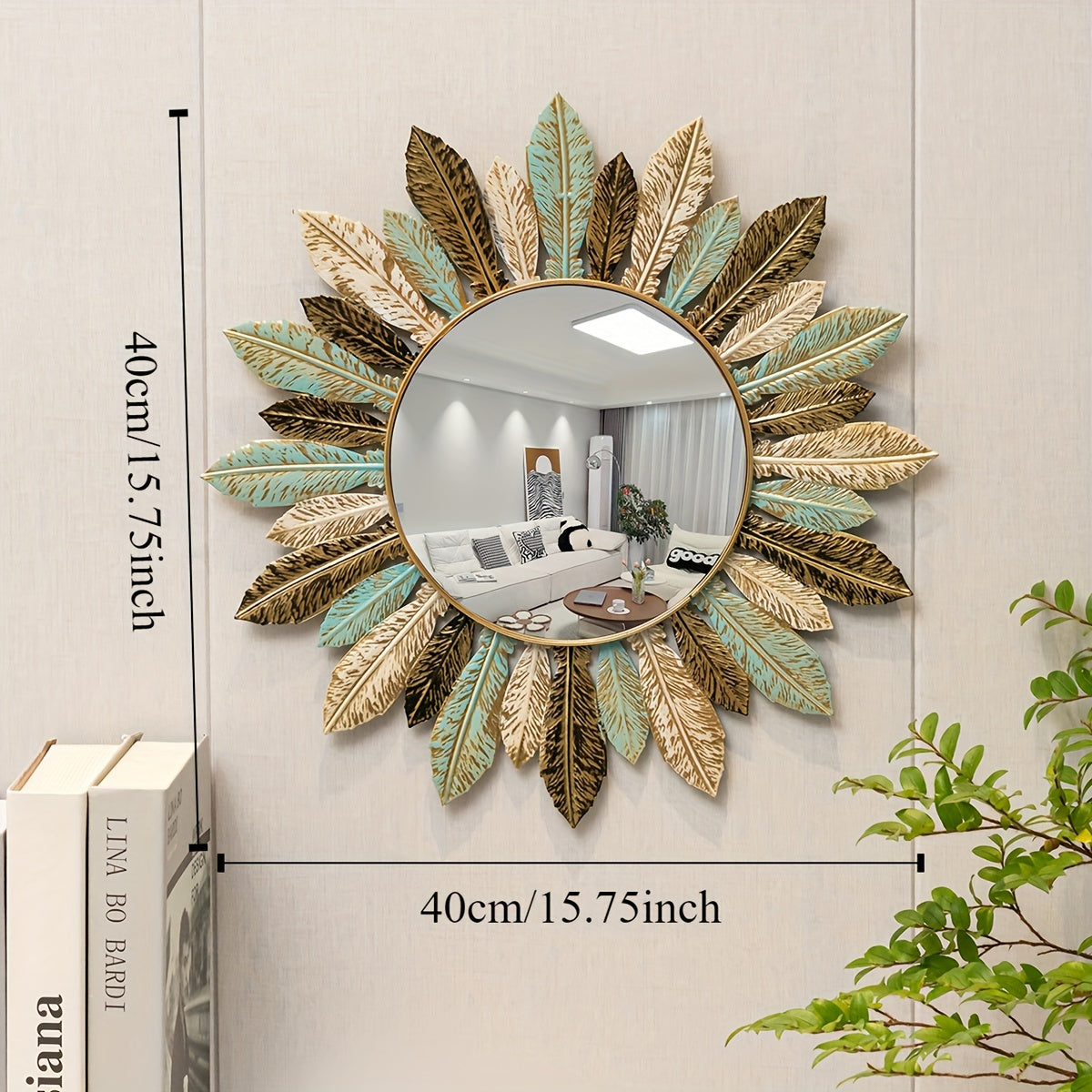 Bohemian Sunburst Metal Wall Mirror | Teal & Gold Leaf Design | Handcrafted