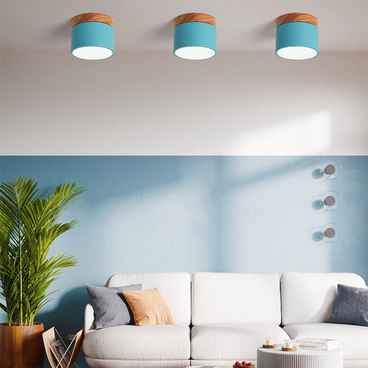 Scandinavian Macaron LED Ceiling Light | Wooden Accent Flush Mount | Wood Metal Nordic Bedroom