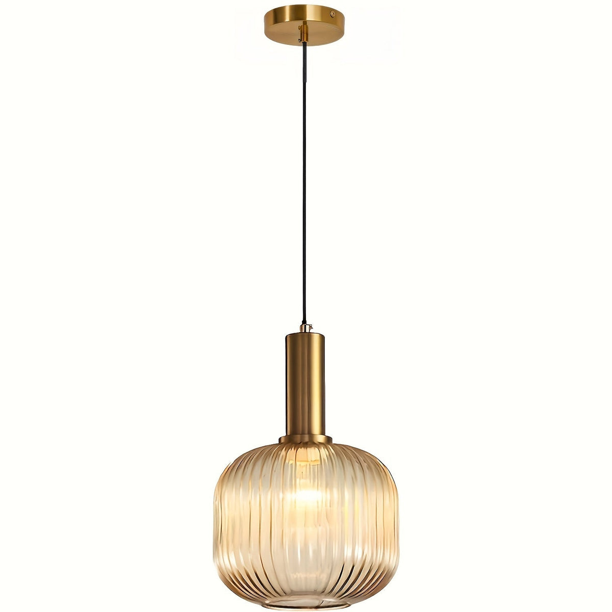 Modern Striped Glass Pendant Light | Brass & Ribbed Glass Shade | Dining Room