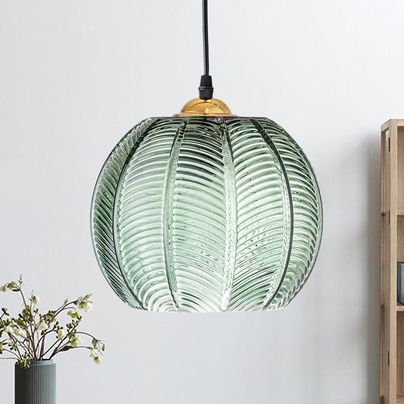 Pumpkin Ribbed Glass Pendant Lamp | Retro Green Hanging Light | Vintage-inspired Dining Room
