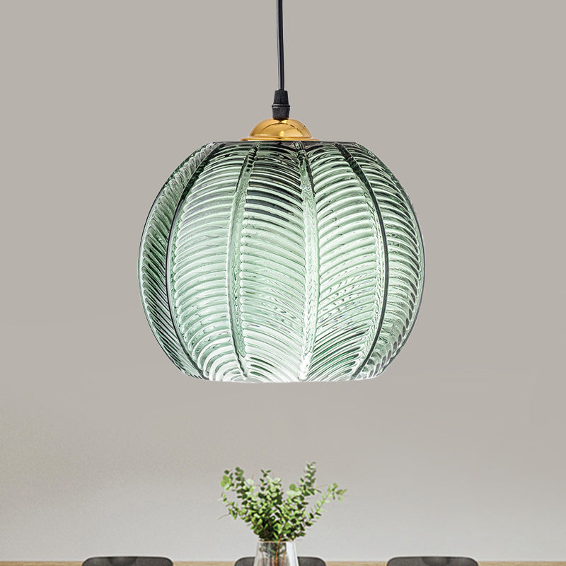 Pumpkin Ribbed Glass Pendant Lamp | Retro Green Hanging Light | Vintage-inspired Dining Room