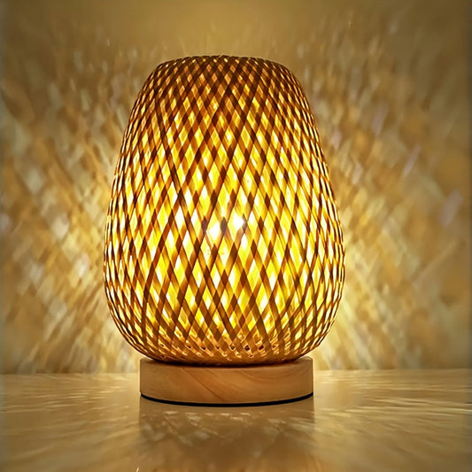 Handmade Bamboo Woven Bedside Lamp | Dimmable USB Table Light | Wood Rechargeable Handcrafted
