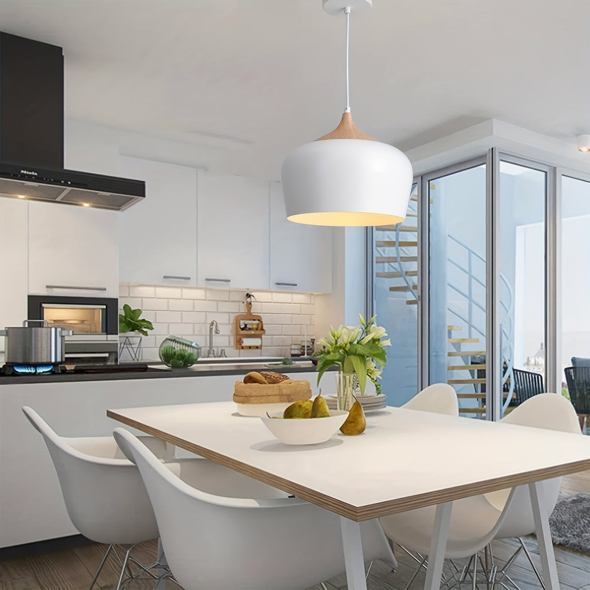 Modern Scandinavian Pendant Light | Iron & Wood Grain Design | Nordic Dining Room