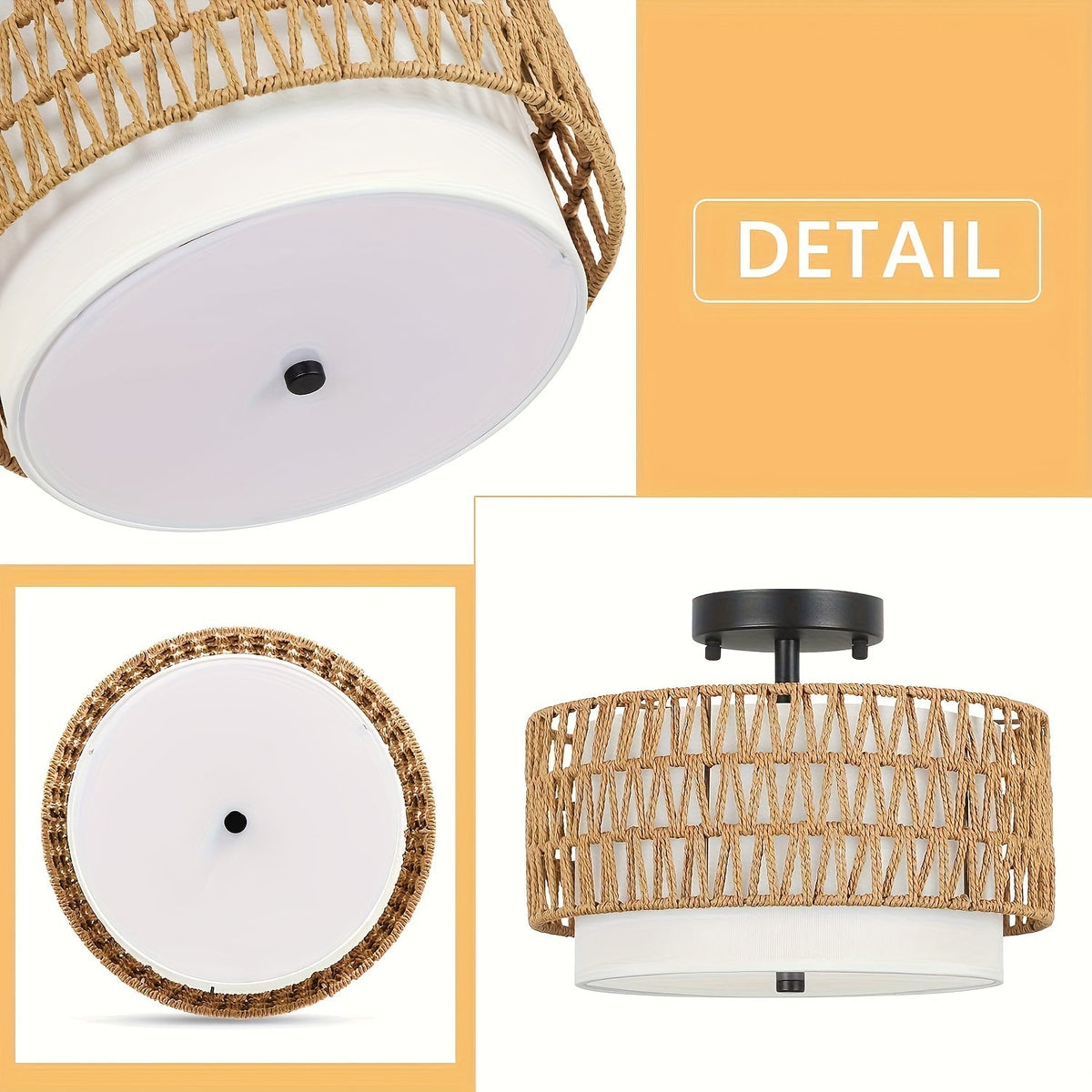 Boho Rattan Ceiling Light | Semi-Flush Mount with Linen Shade | Handcrafted Bohemian Bedroom