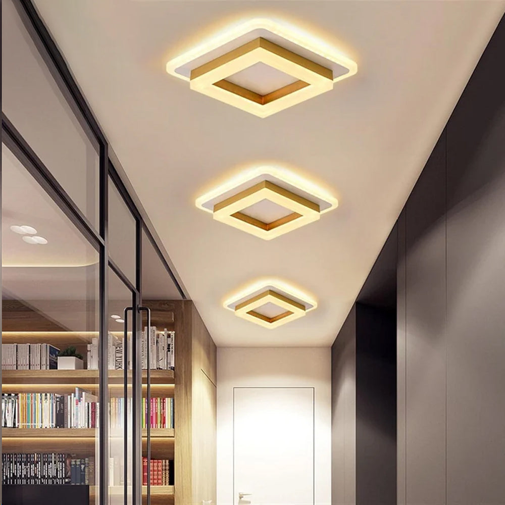 Square LED Ceiling Light | Modern Flush Mount Fixture | Wood Bedroom
