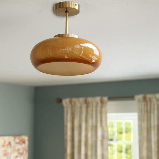 Vintage Brass Yellow Glass Ceiling Light | Semi-Flush Mount | LED Vintage-inspired Bedroom