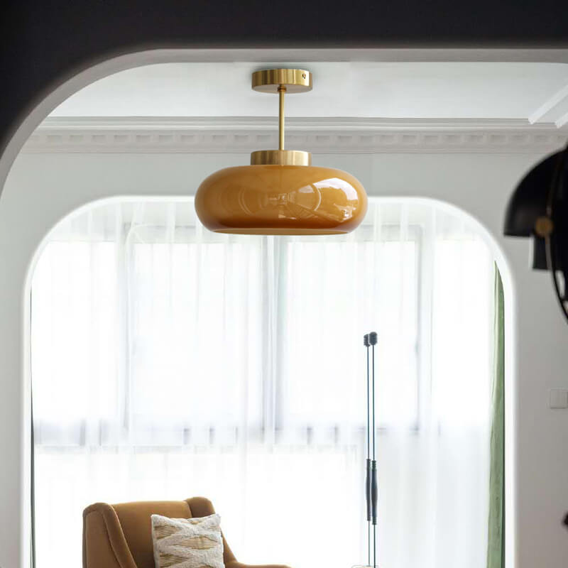 Vintage Brass Yellow Glass Ceiling Light | Semi-Flush Mount | LED Vintage-inspired Bedroom