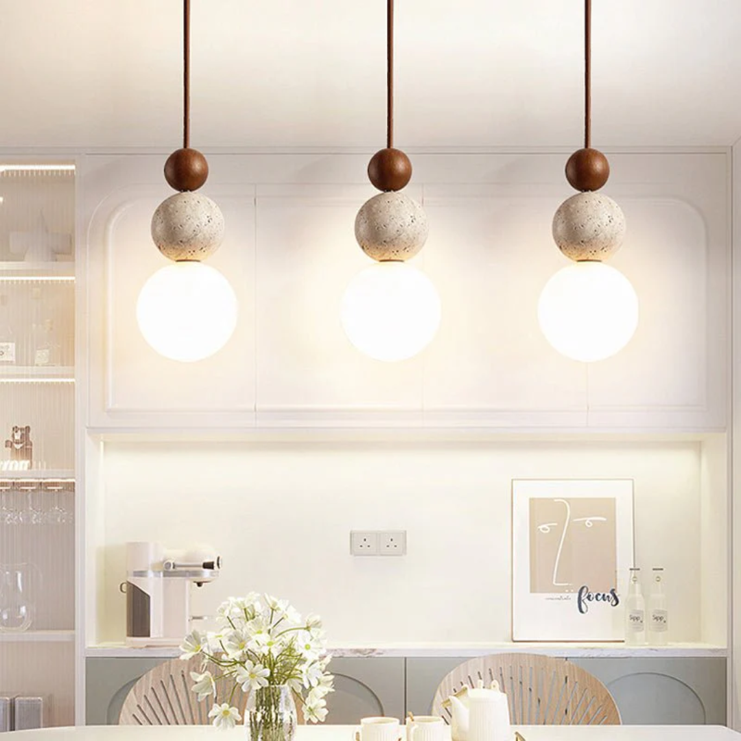 Cleonice Pendant Light | Travertine, Wood & Glass Hanging Lamp | Travertine Stone Handcrafted