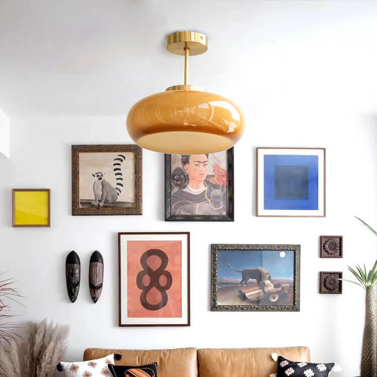 Vintage Brass Yellow Glass Ceiling Light | Semi-Flush Mount | LED Vintage-inspired Bedroom