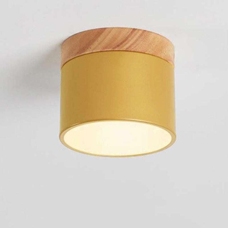 Scandinavian Macaron LED Ceiling Light | Wooden Accent Flush Mount | Wood Metal Nordic Bedroom