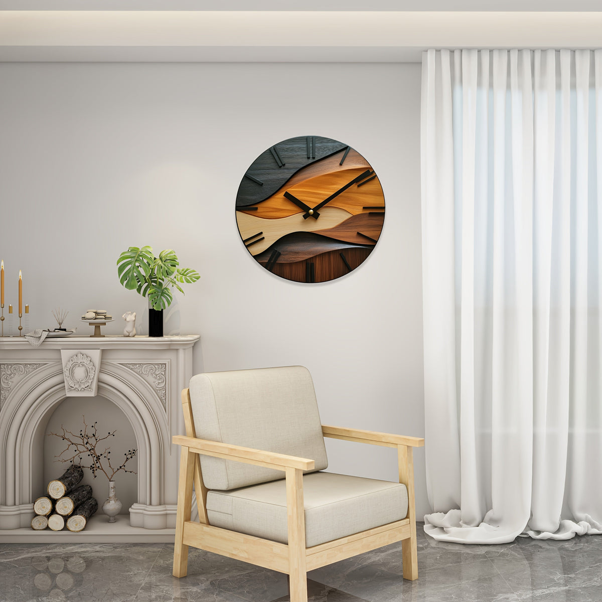 Artistic Round Wall Clock | Nordic Style Faux Wood Grain Design | Silent Kitchen
