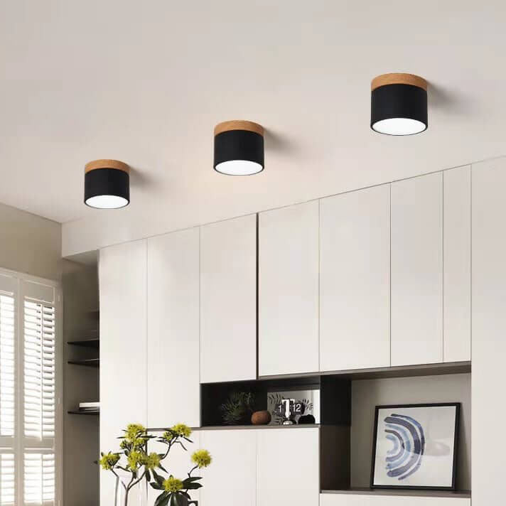 Scandinavian Macaron LED Ceiling Light | Wooden Accent Flush Mount | Wood Metal Nordic Bedroom