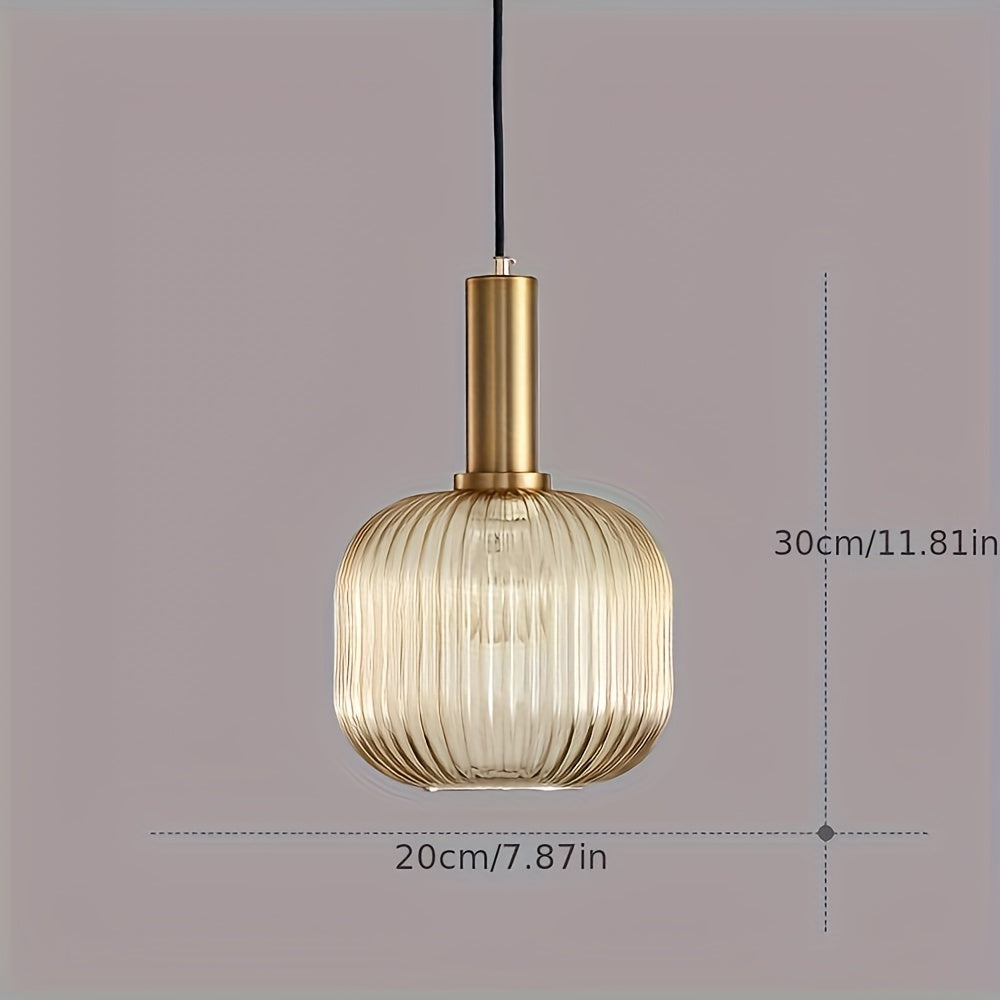 Modern Striped Glass Pendant Light | Brass & Ribbed Glass Shade | Dining Room