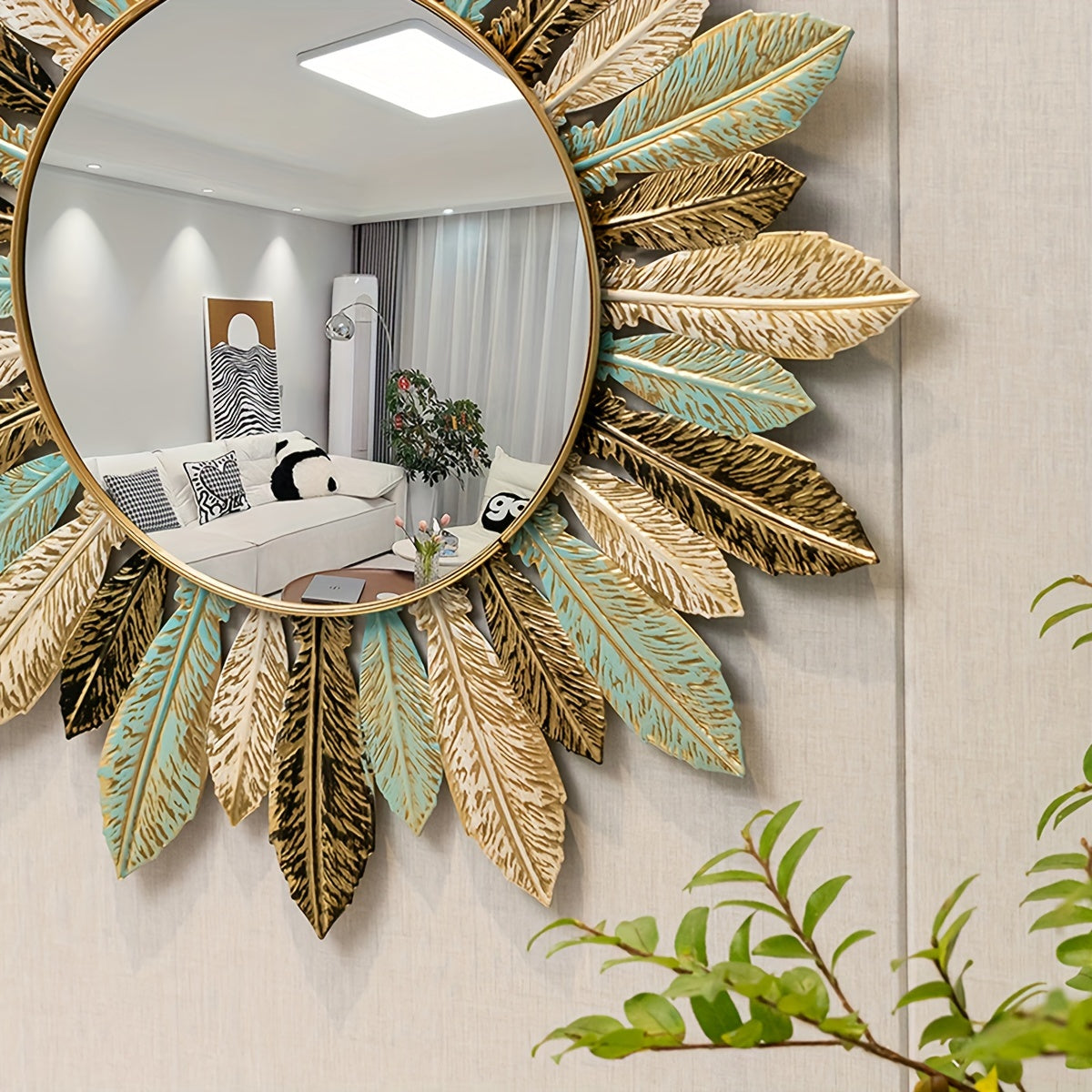Bohemian Sunburst Metal Wall Mirror | Teal & Gold Leaf Design | Handcrafted