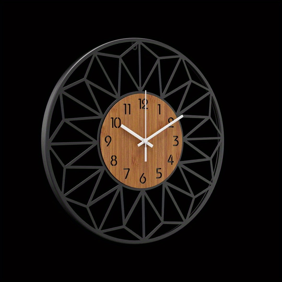 Modern Metal Wall Clock | Wood Grain Centre Design | Silent Industrial Kitchen