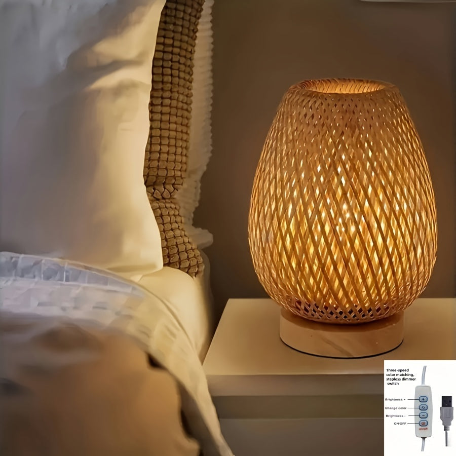 Handmade Bamboo Woven Bedside Lamp | Dimmable USB Table Light | Wood Rechargeable Handcrafted