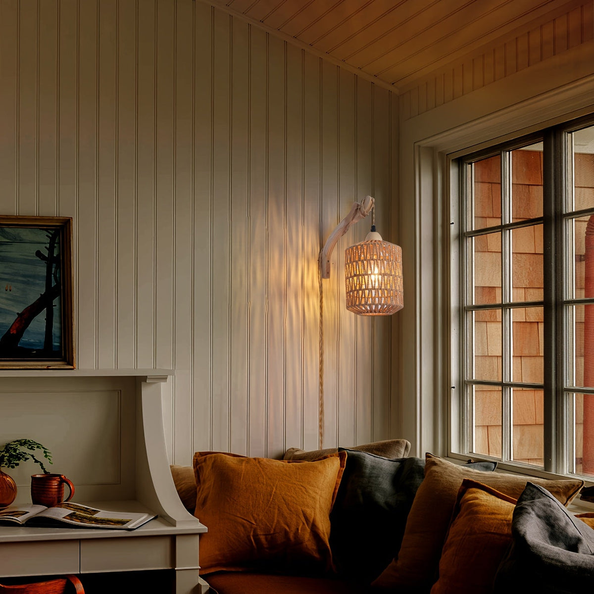 Boho Wood & Rattan Wall Lamp | Hand-Woven Plug-In Light | Adjustable Handcrafted Bohemian