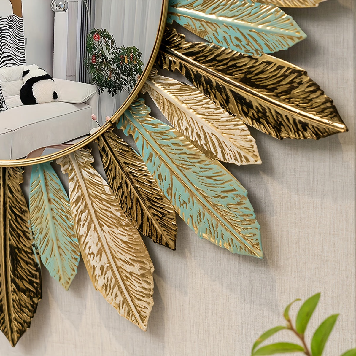 Bohemian Sunburst Metal Wall Mirror | Teal & Gold Leaf Design | Handcrafted