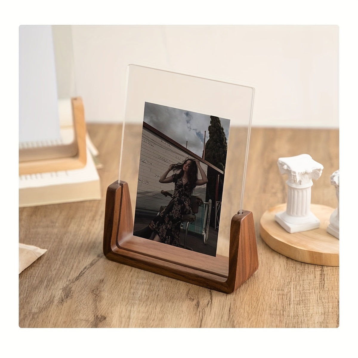 U-Shaped Acrylic & Wood Photo Frame | Modern Minimalist Display | Faceted Crystal Shelf