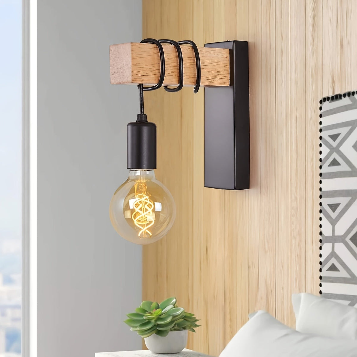 Modern Industrial Wall Sconce | E27 Base & Metal Finish | Wall Light Wood Vintage-inspired