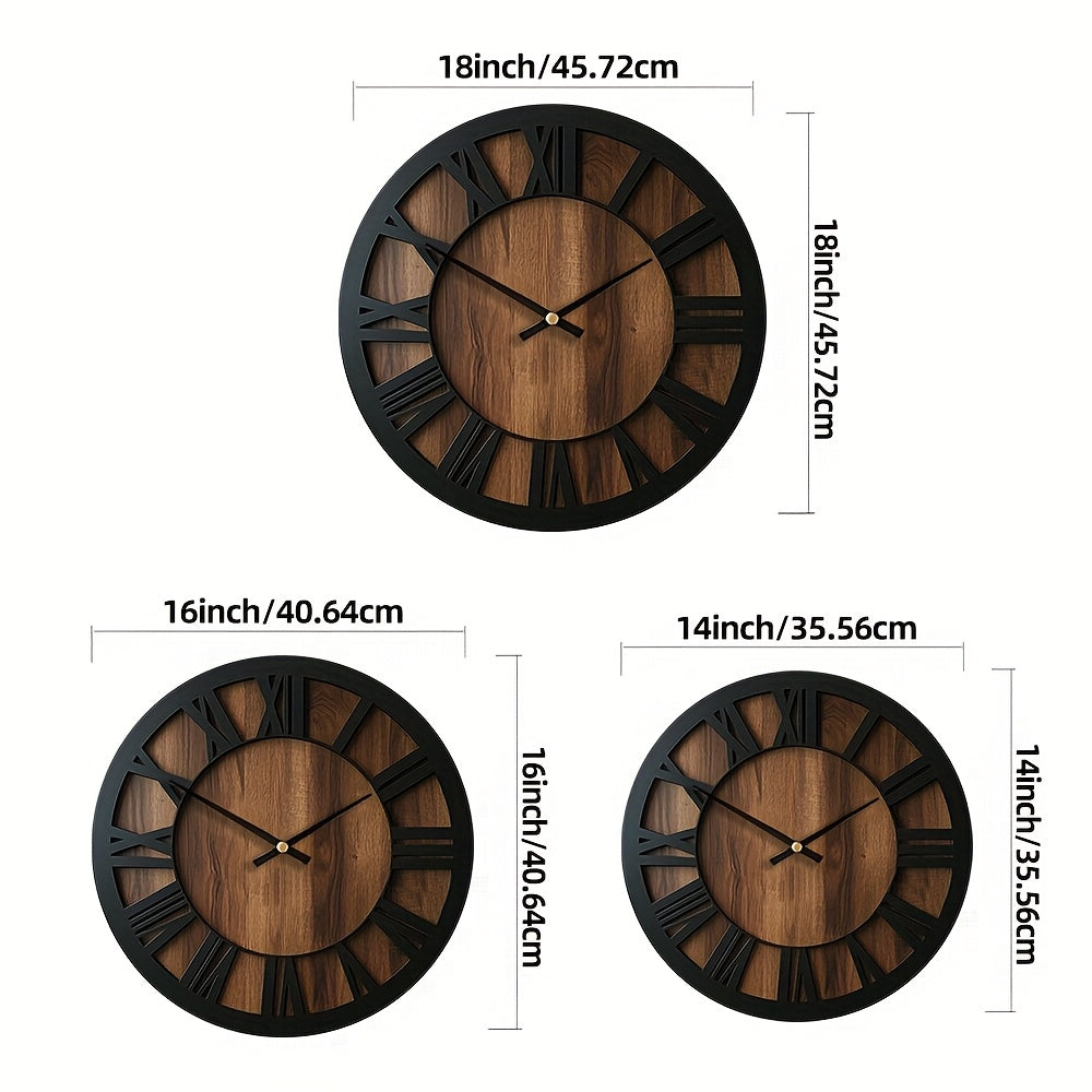 Vintage Wooden Wall Clock | Roman Numeral Design | Wood Metal Silent Vintage-inspired Kitchen