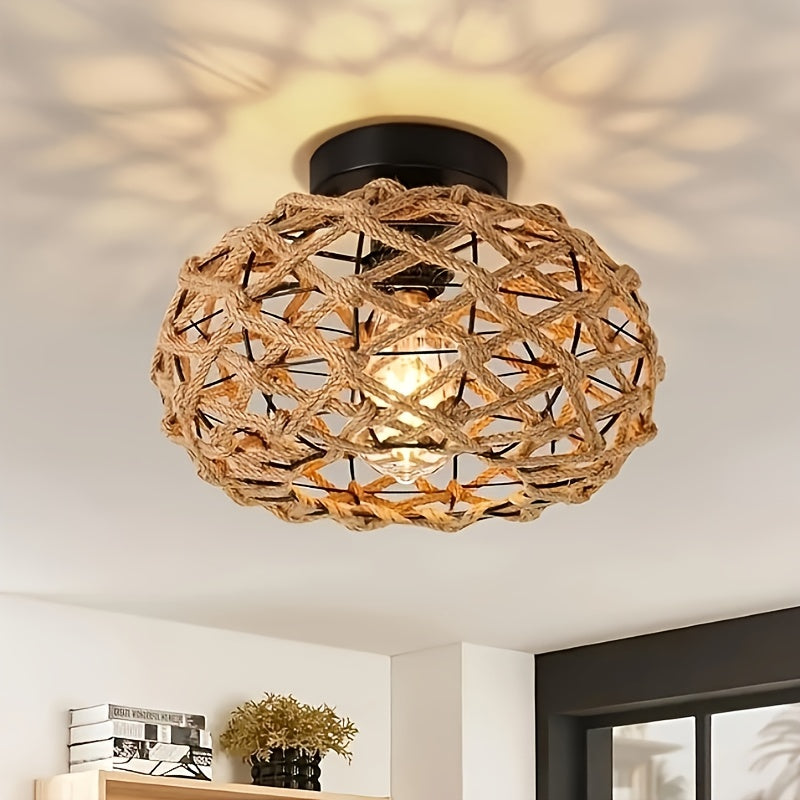 Bohemian Hemp Rope Ceiling Light | Handwoven Rustic Flush Mount Fixture | Handcrafted Bedroom