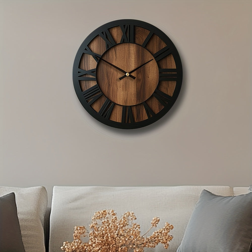 Vintage Wooden Wall Clock | Roman Numeral Design | Wood Metal Silent Vintage-inspired Kitchen