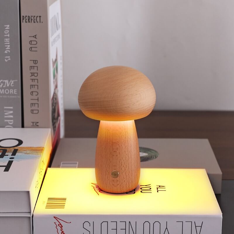 Portobello Mushroom Lamp | Natural Wood Rechargeable Night Light | Touch Control Adjustable