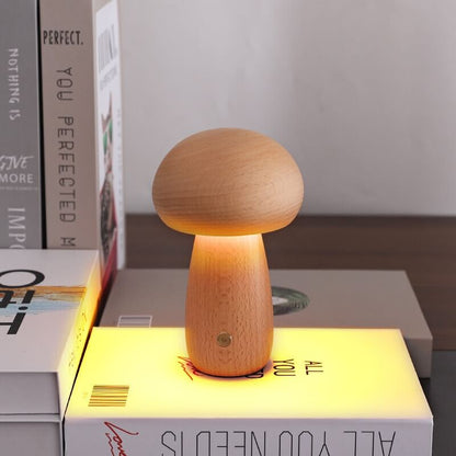 Portobello Mushroom Lamp | Natural Wood Rechargeable Night Light | Touch Control Adjustable