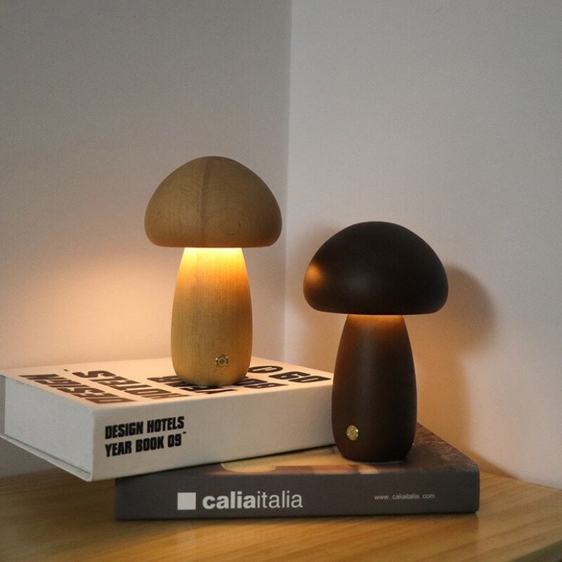 Portobello Mushroom Lamp | Natural Wood Rechargeable Night Light | Touch Control Adjustable