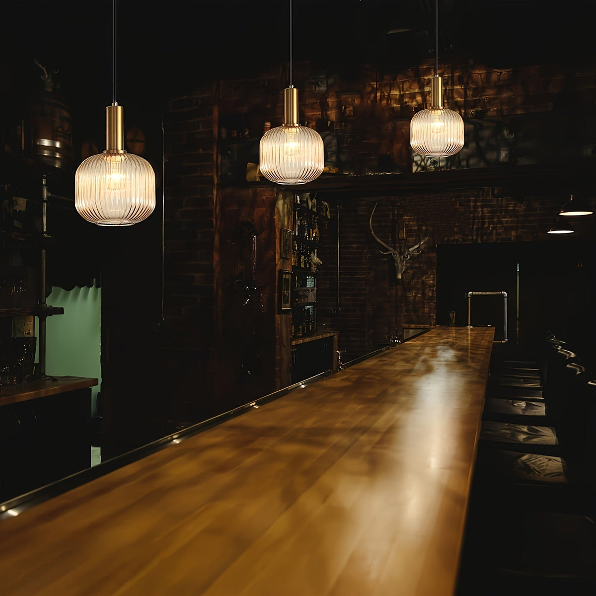 Modern Striped Glass Pendant Light | Brass & Ribbed Glass Shade | Dining Room