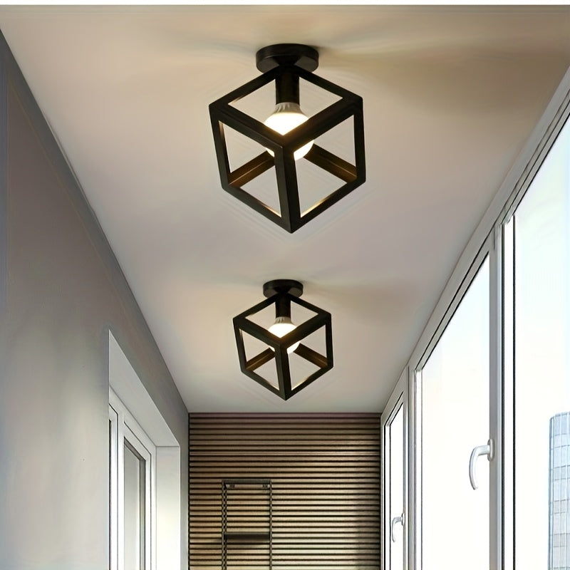 Geometric Cube Ceiling Light | Modern Industrial Semi Flush Mount Fixture | Metal Bedroom