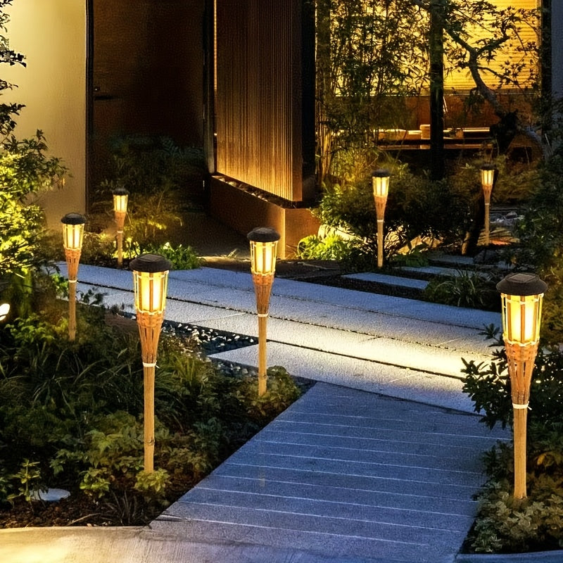 Solar Bamboo Flame Lights (2-Pack) | 12-LED Outdoor Solar Garden Lanterns | Outdoor Light