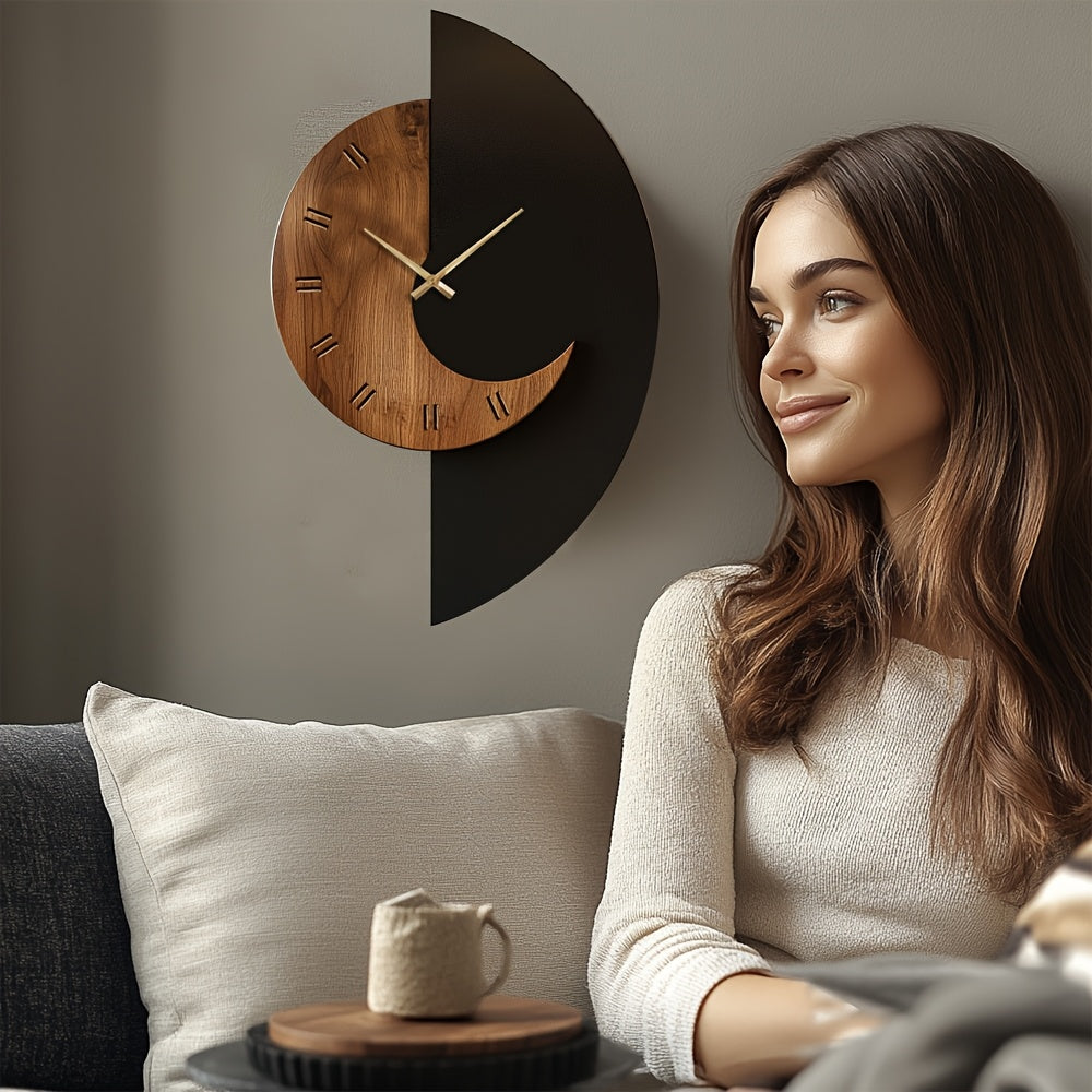 Modern Half-Moon Wooden Wall Clock | Silent Battery Operated | Wood Nordic Farmhouse Kitchen