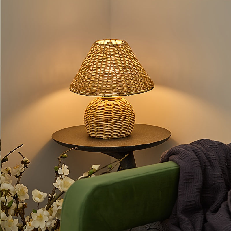 Bamboo Woven Desk Lamp | USB-Powered Boho Accent Light | Rechargeable Handcrafted Bohemian