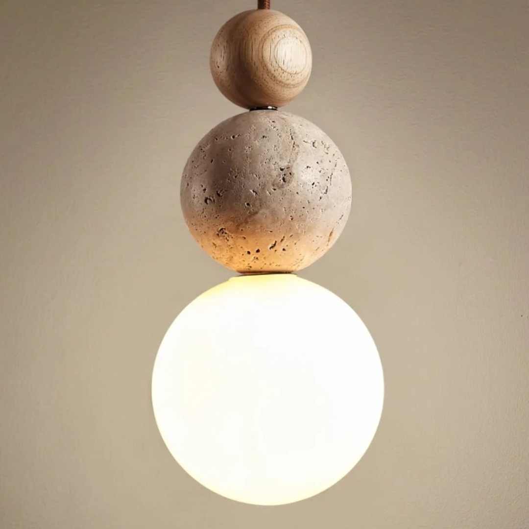 Cleonice Pendant Light | Travertine, Wood & Glass Hanging Lamp | Travertine Stone Handcrafted