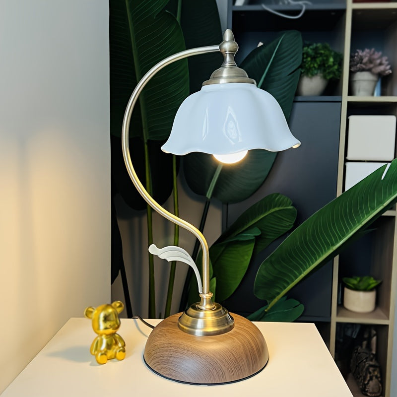 Vintage Goose Neck Table Lamp | Antique Brass USB Bedside Light | Glass Rechargeable