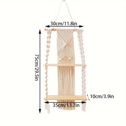Boho Macrame Wall Shelf | 2-Tier Hanging Storage Rack | Wall Organiser Wood Natural Rope