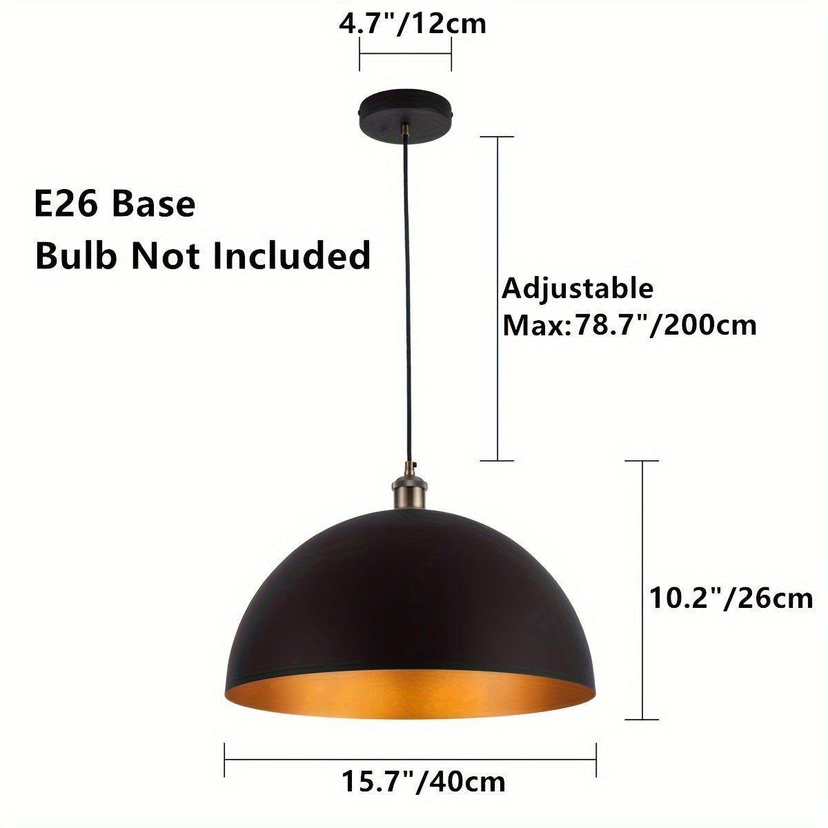 Vintage Industrial Dome Pendant Light | Black & Gold Iron Shade | Adjustable Vintage-inspired