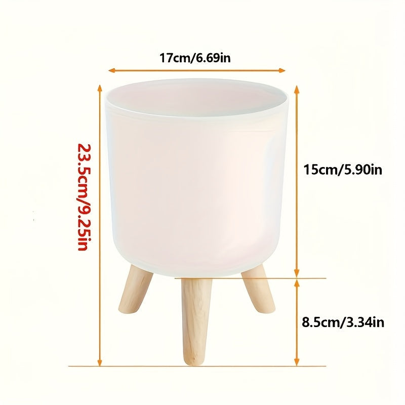 Modern Round Planter with Wooden Legs | Indoor & Outdoor Decorative Plant Pot | Wood Nordic