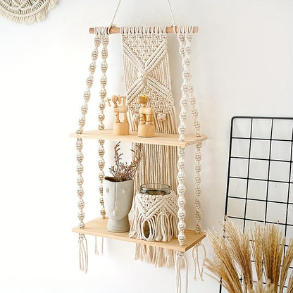 Boho Macrame Wall Shelf | 2-Tier Hanging Storage Rack | Wall Organiser Wood Natural Rope