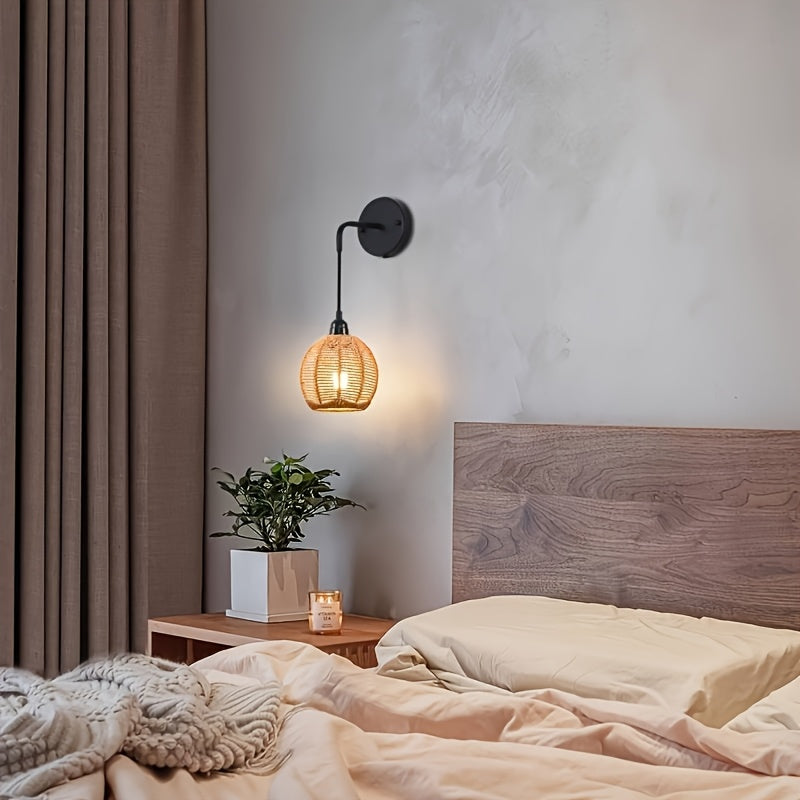 Boho Rattan Wall Lamp | Handwoven Bedside & Living Room Sconce | Wall Light Metal Adjustable