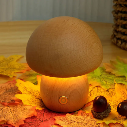 Portobello Mushroom Lamp | Natural Wood Rechargeable Night Light | Touch Control Adjustable