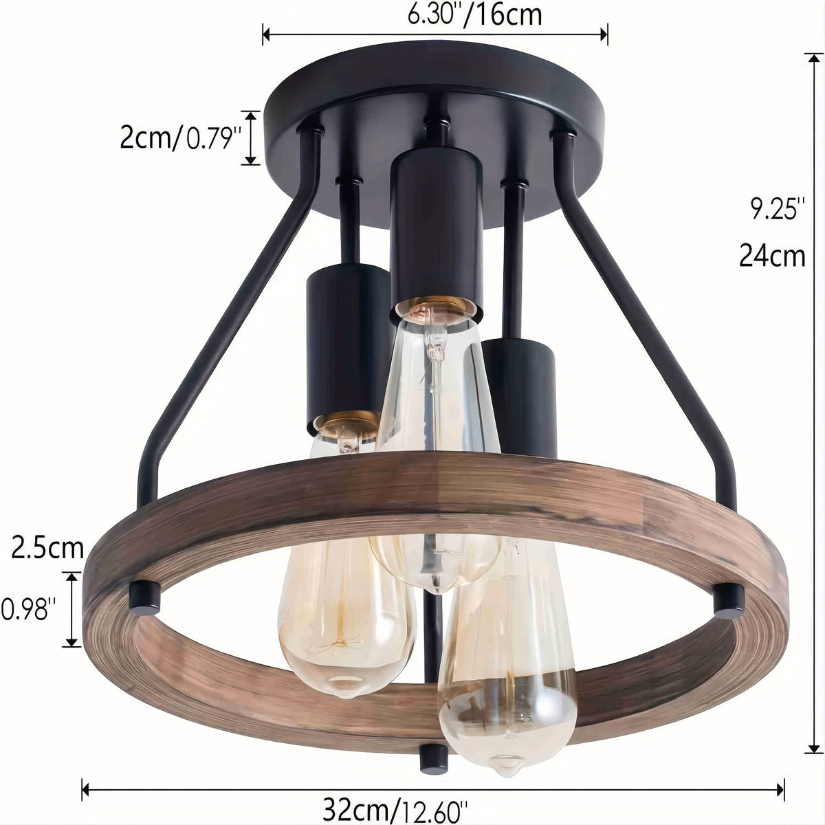 Industrial Wood Ring Ceiling Light | 3-Light Semi Flush Mount Fixture | Metal Vintage-inspired