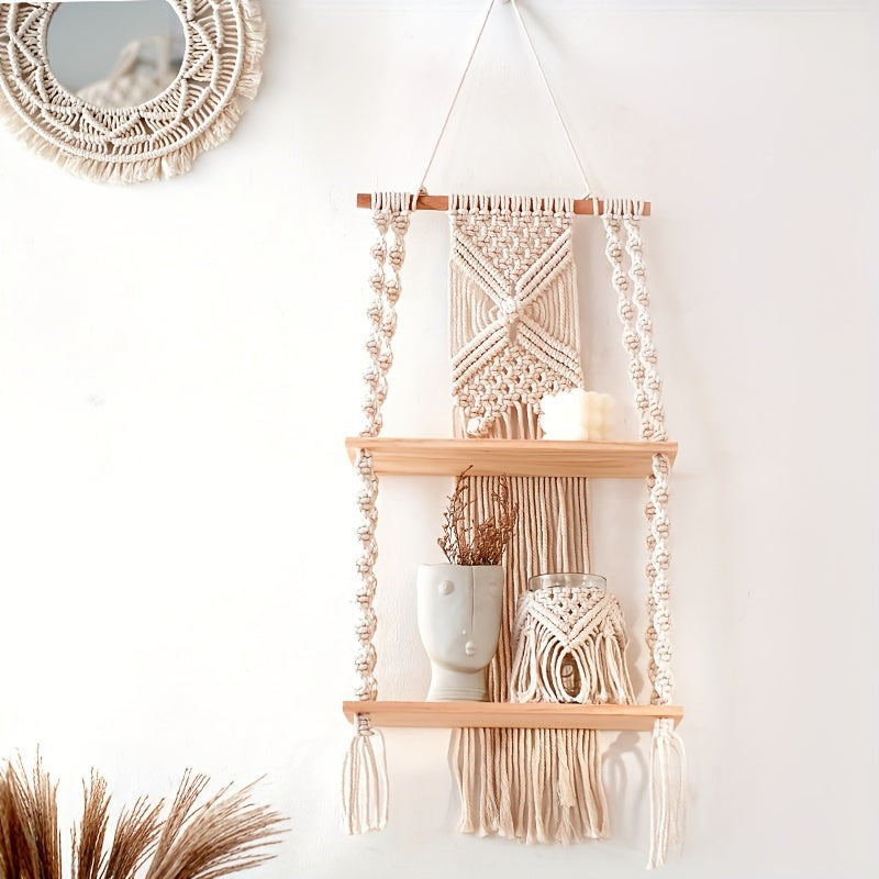 Boho Macrame Wall Shelf | 2-Tier Hanging Storage Rack | Wall Organiser Wood Natural Rope